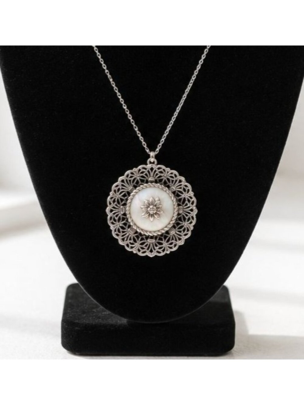 Vintage Silver-Tone Filigree Pendant Necklace With Mother Of Pearl & Floral Desi